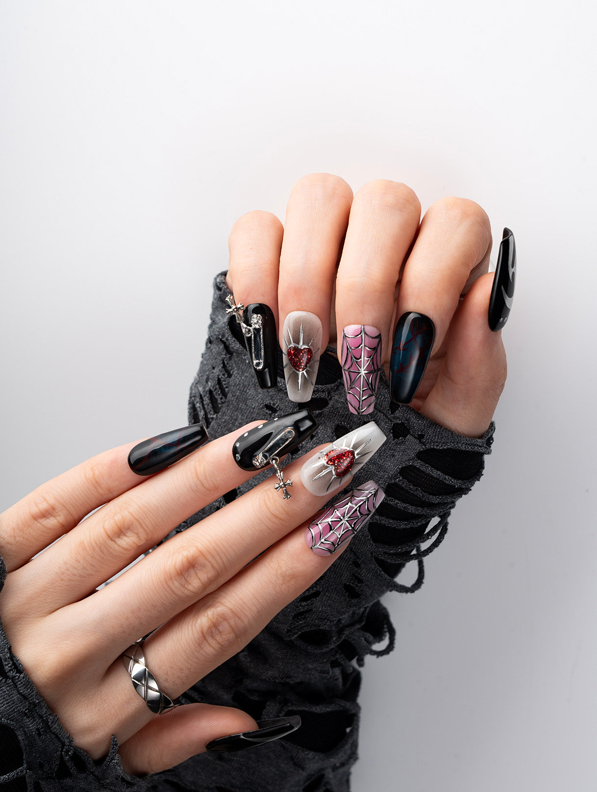 Pierced Heart Spider Web Press-On Nails