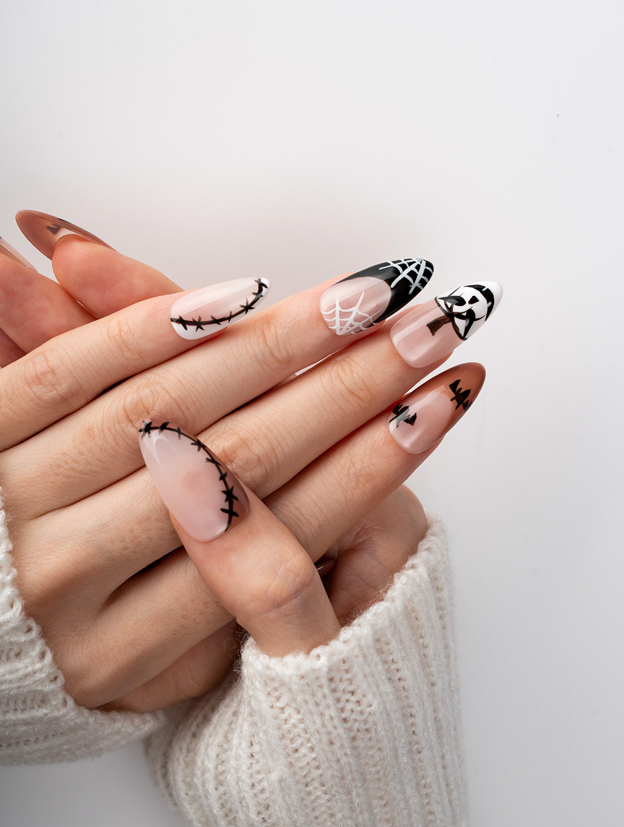Spider Stitch Almond Press-On Nails