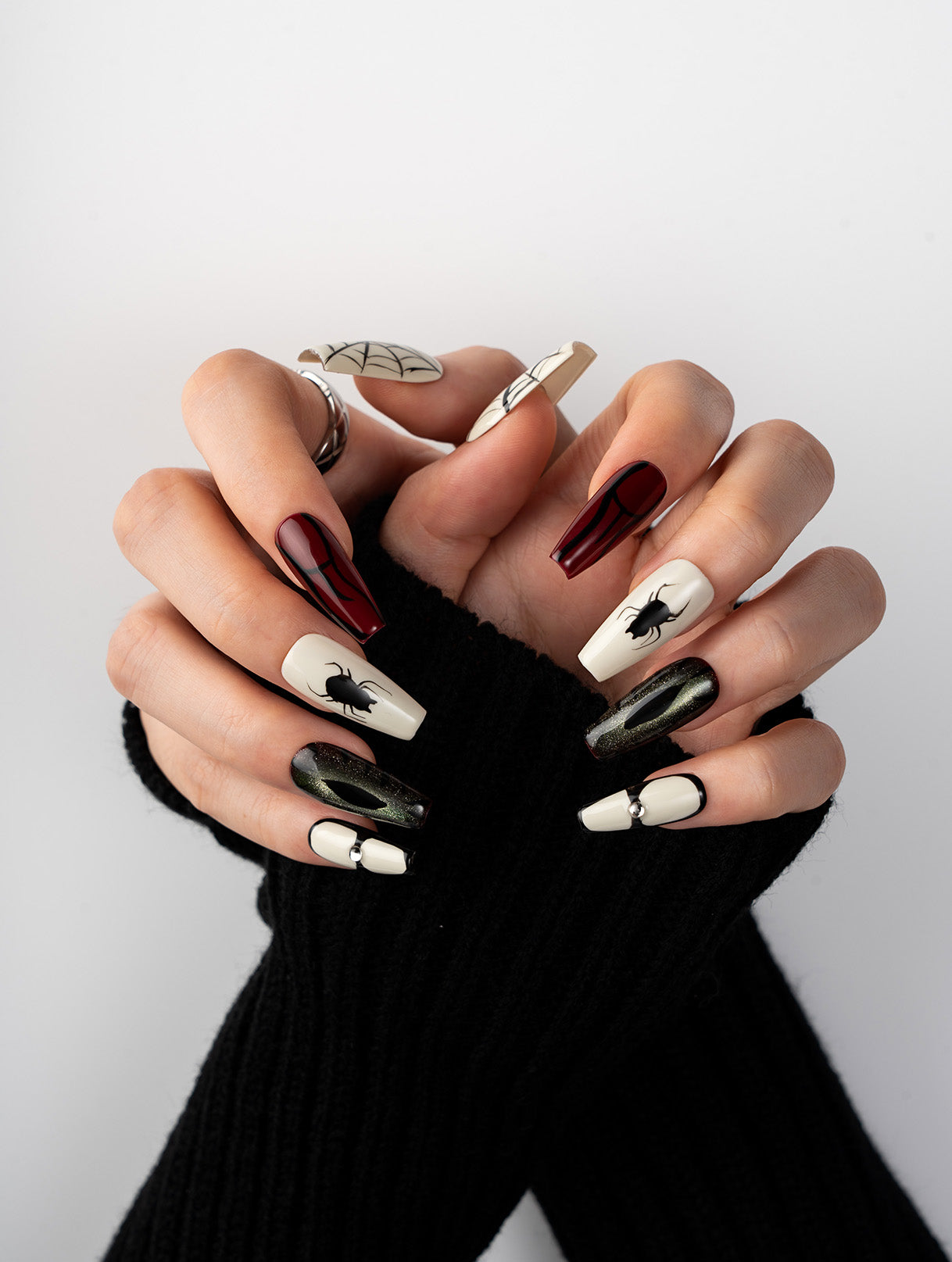 Crimson Spider Web Glam Press-On Nails