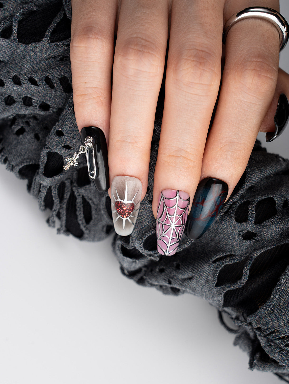 Pierced Heart Spider Web Press-On Nails