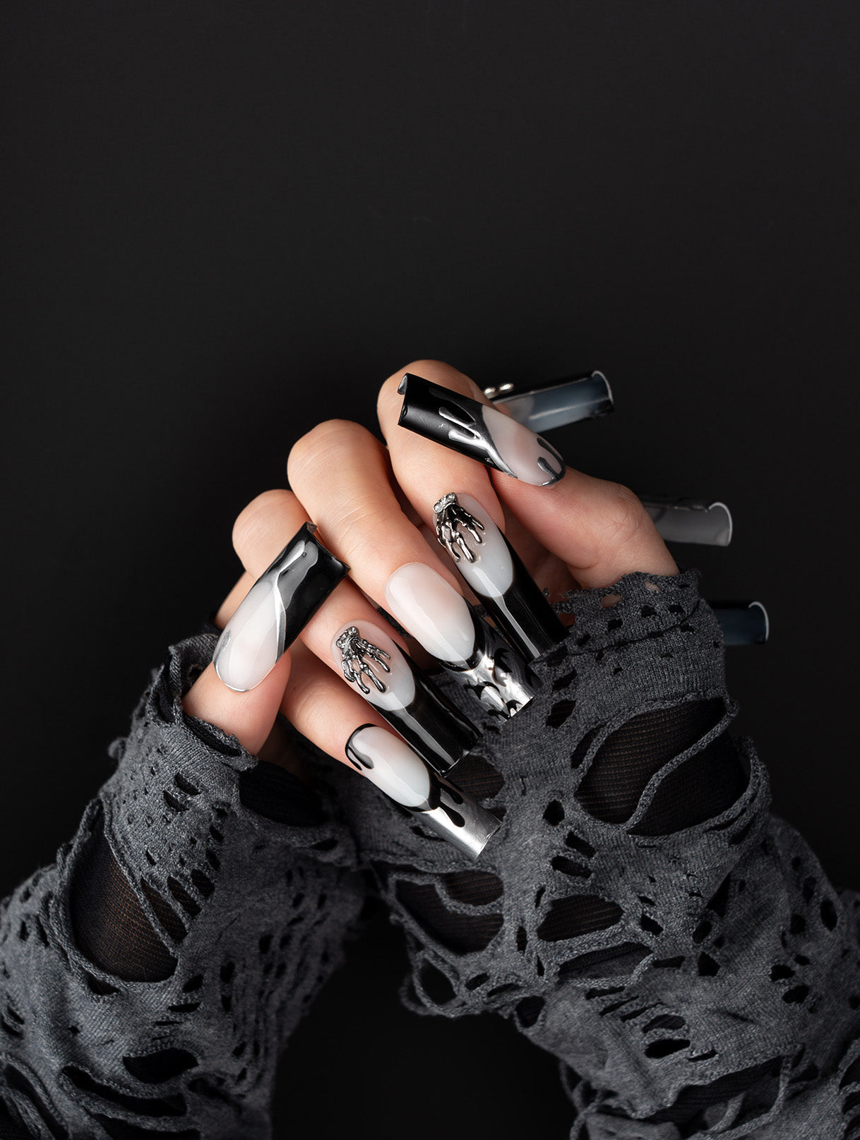 Chrome Drip Skeleton Hands Press-On Nails